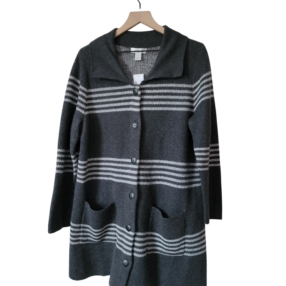 CJ Banks Button Up Cardigan Shawl Collar Pockets Dark Grey Striped Size 14W